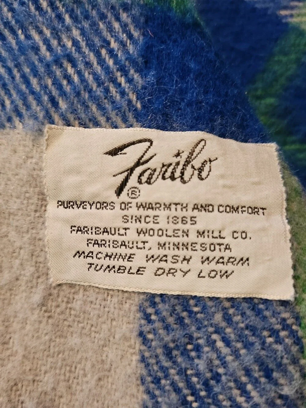 Vintage Faribo Blue Green Plaid Tassel Wool Throw Blanket